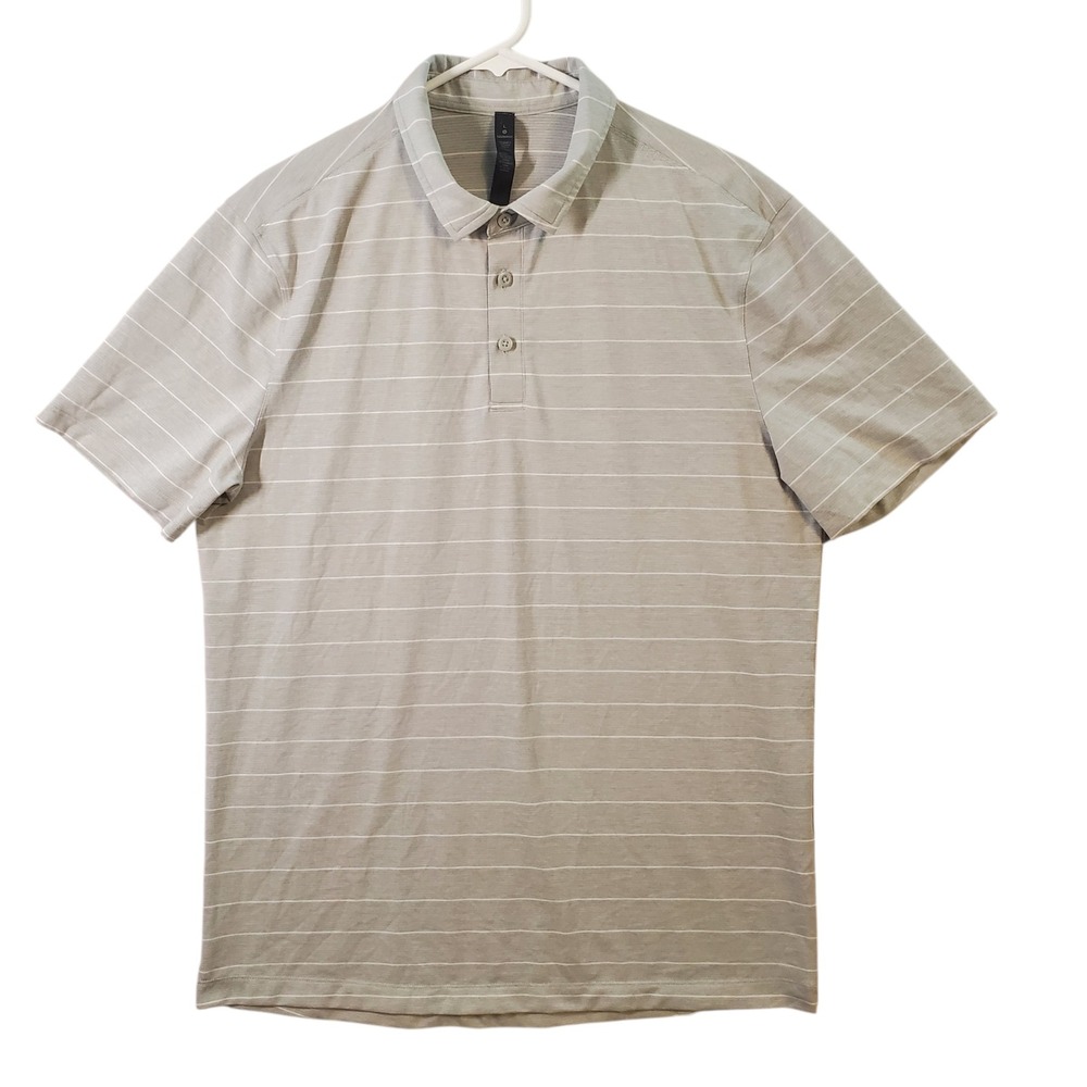 Lululemon Mens Gray Striped Short Sleeve Polo Shirt Size L Athletic Golf Casual
